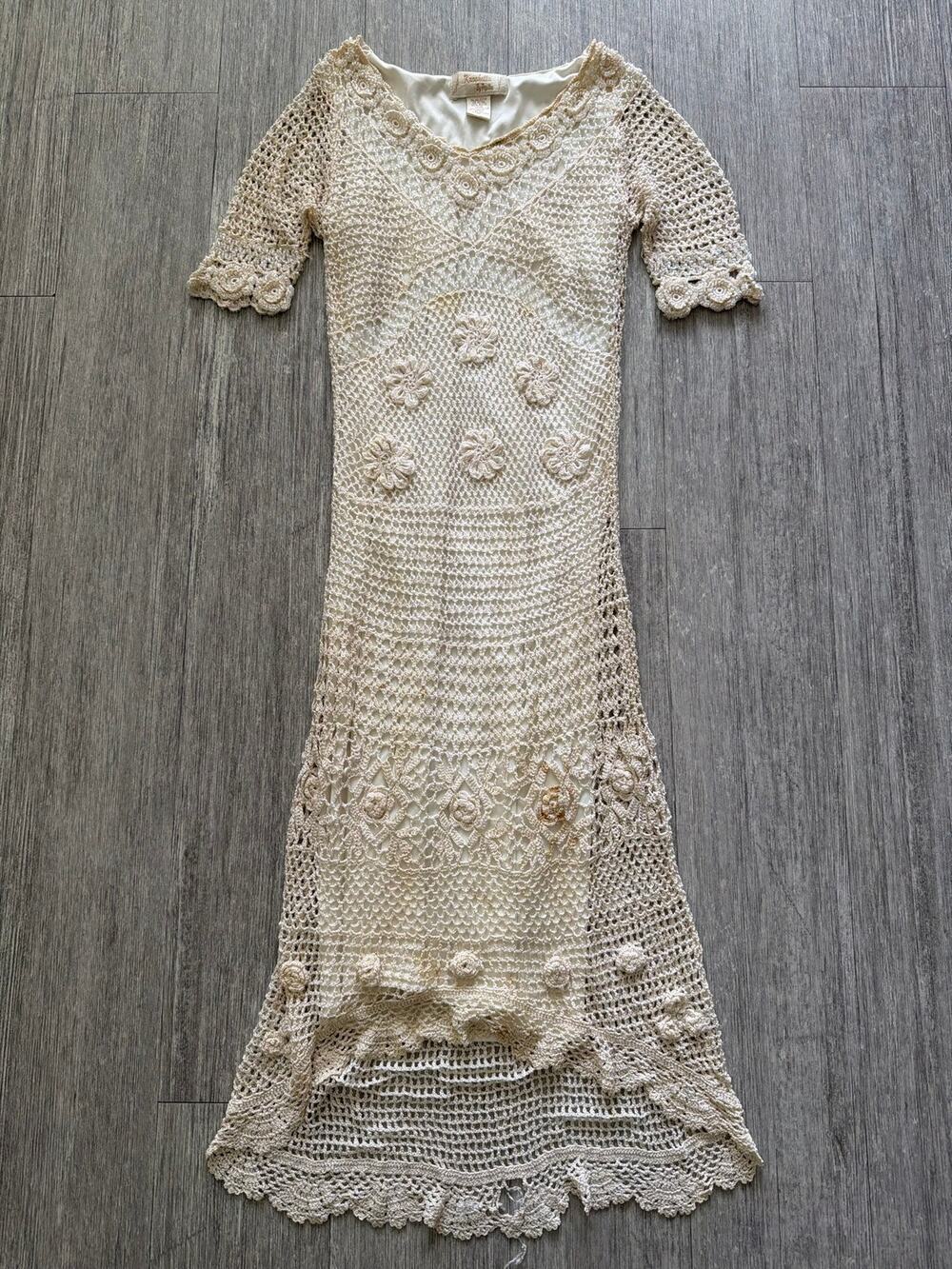 Kroshetta by Papillon Vintage Crochet Knit Dress with Beaded Sleeves